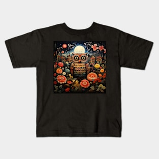 Surrealistic Folk Art Dark Floral Motif Owl Design Kids T-Shirt